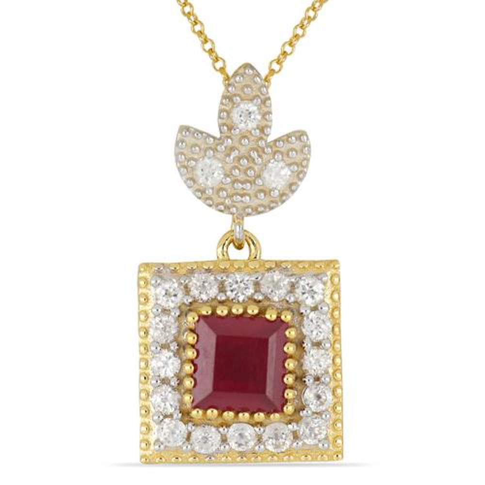 BUY 14K GOLD NATURAL GLASS FILLED RUBY GEMSTONE HALO PENDANT WITH WHITE DIAMOND