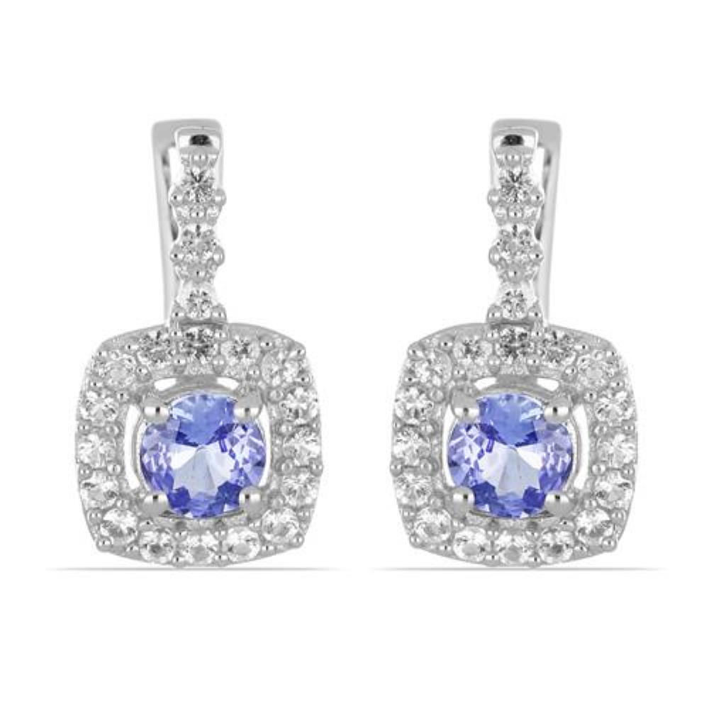 BUY STERLING SILVER NATURAL TANZANITE GEMSTONE HALO EARRINGS