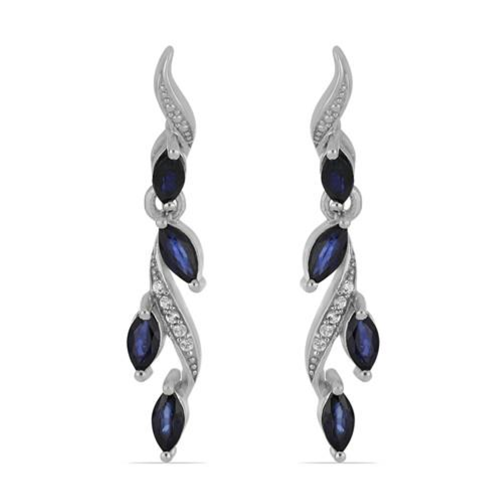 BUY STERLING SILVER REAL BLUE SAPPHIRE GEMSTONE LEAF EARRINGS