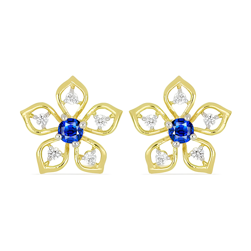 BUY 14K GOLD NATURAL BLUE SAPPHIRE GEMSTONE CLASSIC EARRINGS WITH WHITE DIAMOND