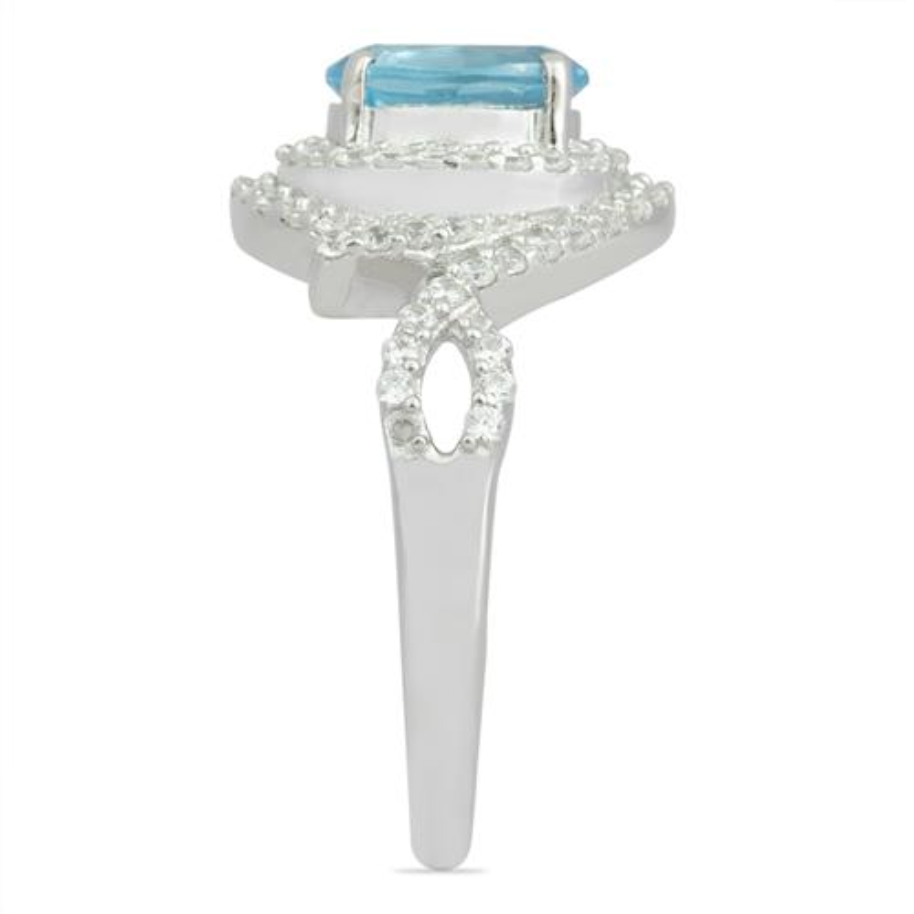 BUY NATURAL SWISS BLUE TOPAZ GEMSTONE HALO RING IN STERLING SILVER