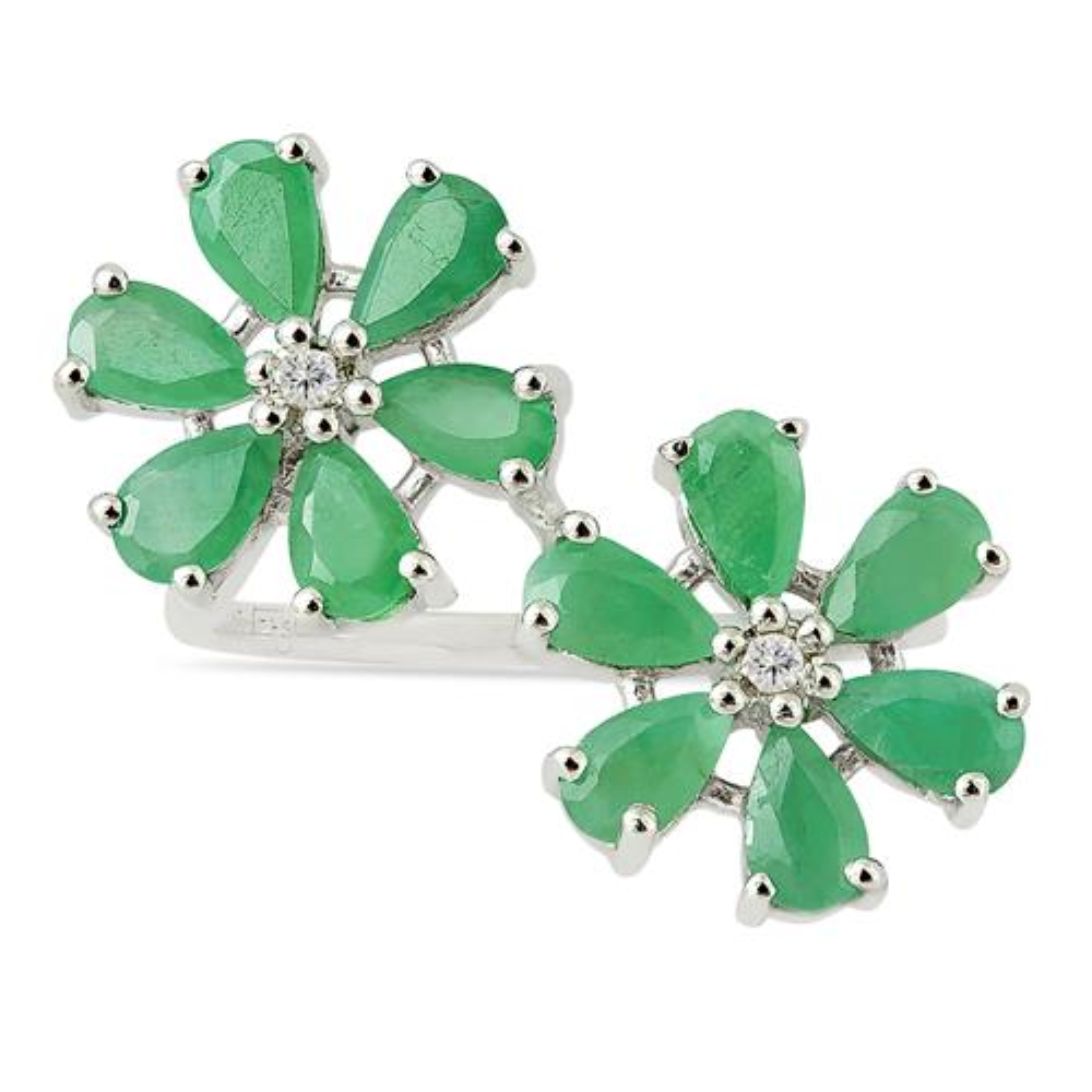 BUY NATURAL EMERALD GEMSTONE FLOWER RING IN 925 STERLING SILVER