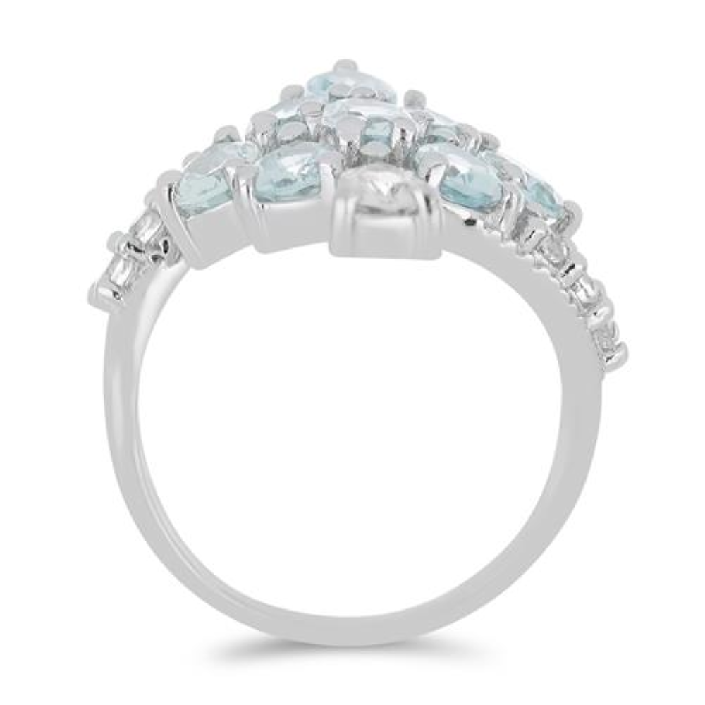 BUY STERLING SILVER NATURAL AQUAMARINE WITH WHITE ZIRCON  GEMSTONE RING 