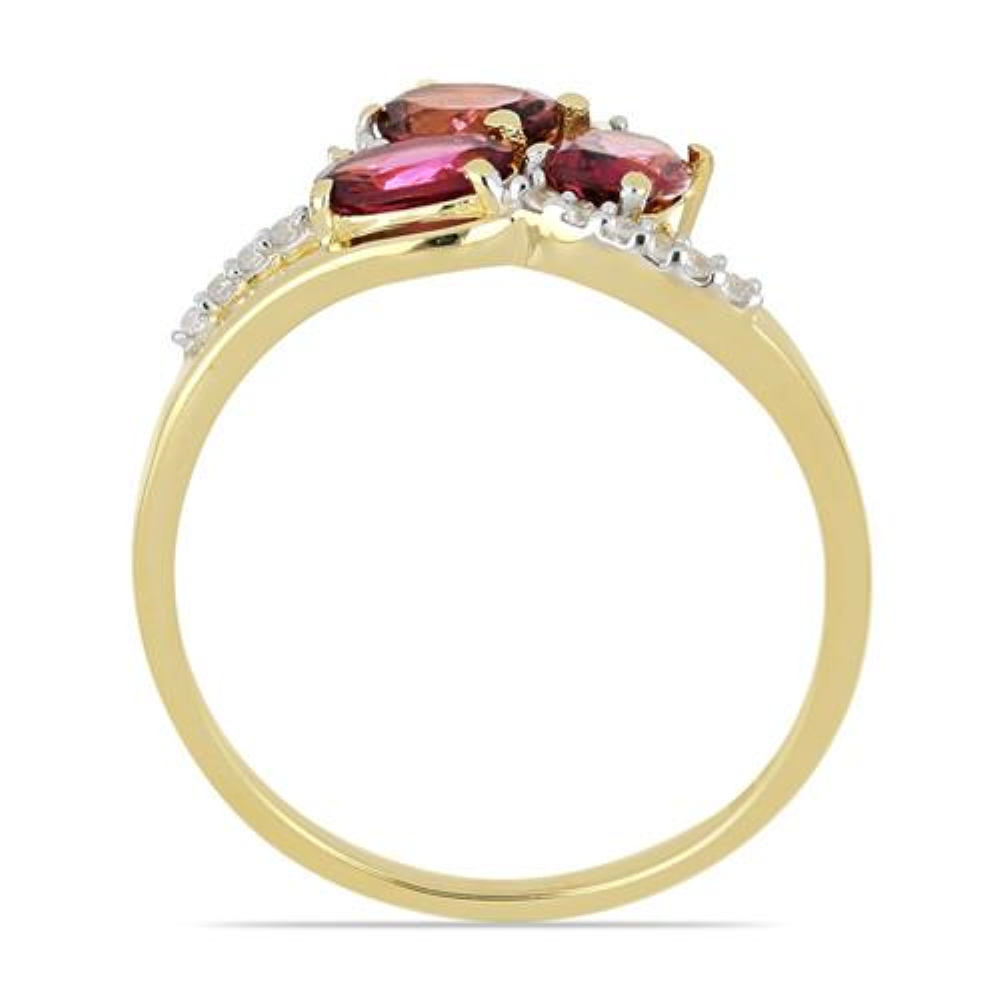 BUY 14K GOLD NATURAL RHODOLITE GEMSTONE THREE STONES RING WITH WHITE DIAMOND