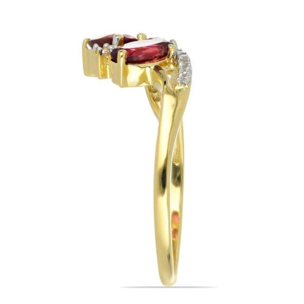 BUY 14K GOLD NATURAL RHODOLITE GEMSTONE THREE STONES RING WITH WHITE DIAMOND