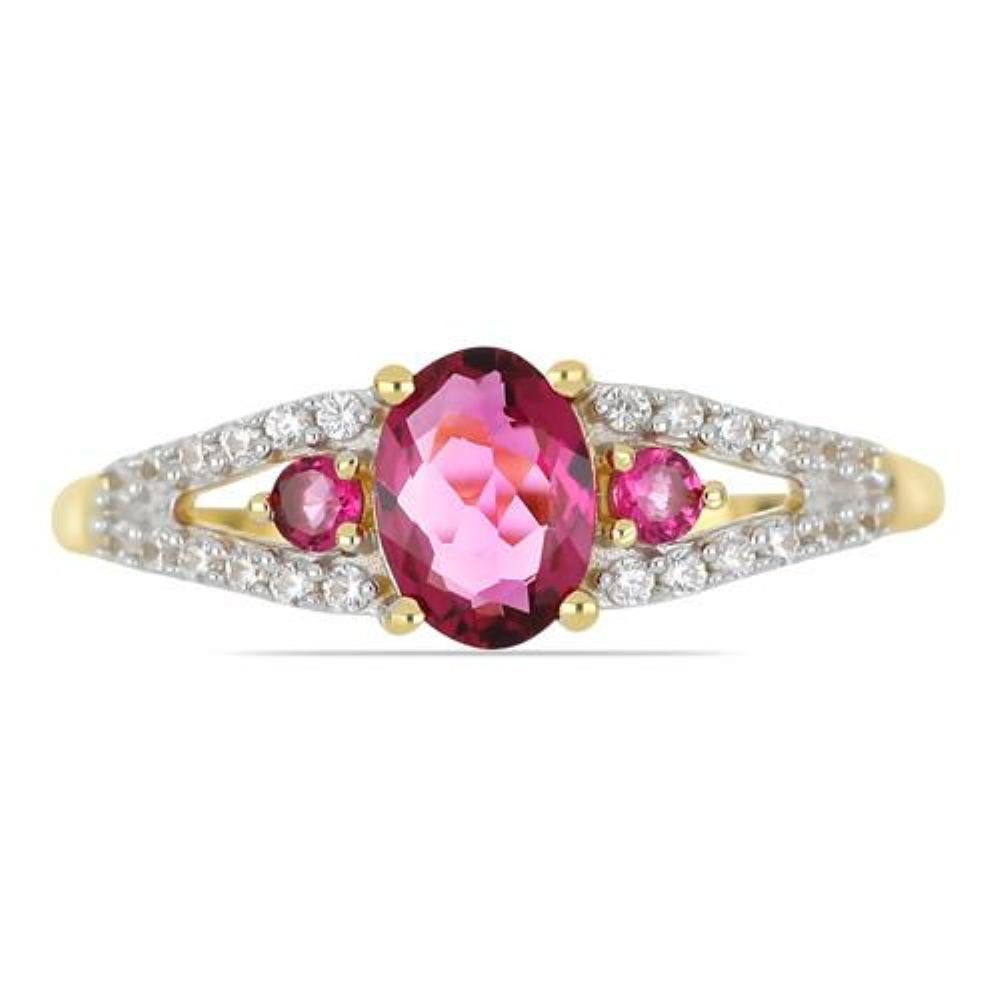 BUY 14 K GOLD REAL RUBELLITE GEMSTONE THREE STONES RING