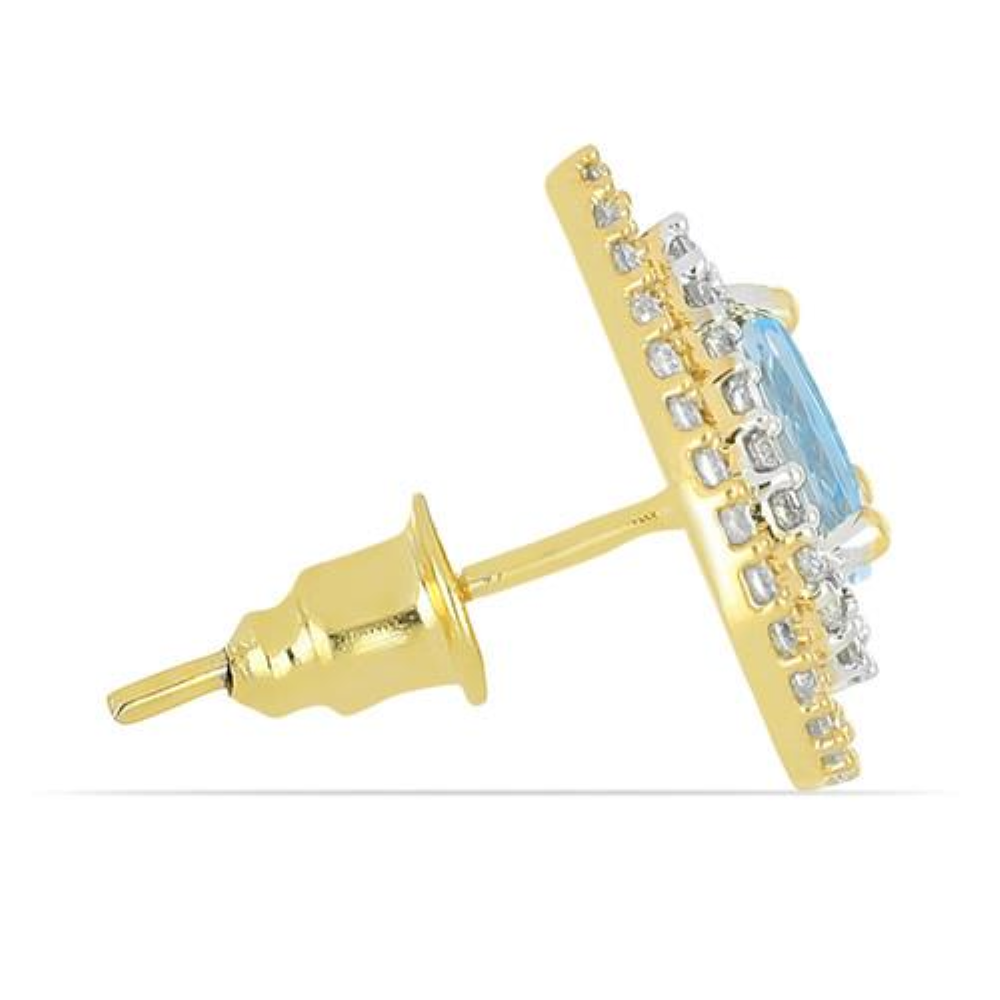 BUY 14K GOLD NATURAL AQUAMARINE GEMSTONE HALO EARRINGS WITH WHITE DIAMOND