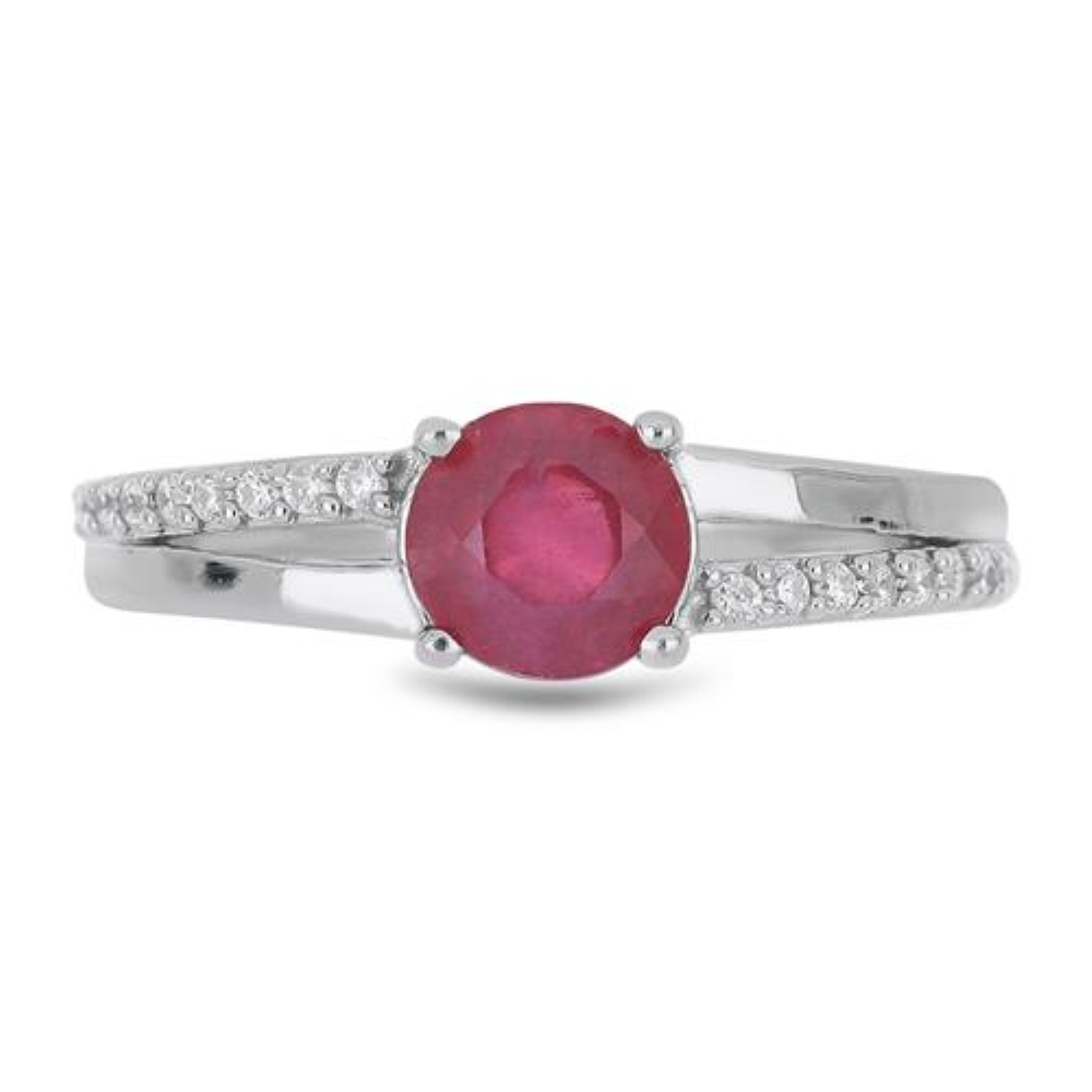 BUY STERLING SILVER GLASS FILLED RUBY WITH WHITE ZIRCON GEMSTONE CLASSIC RING