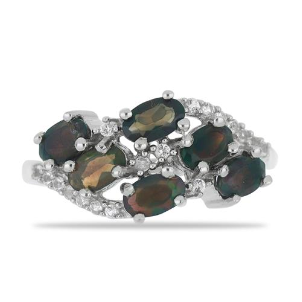  BUY STERLING SILVER NATURAL BLACK ETHIOPIAN OPAL WITH WHITE ZIRCON GEMSTONE RING 