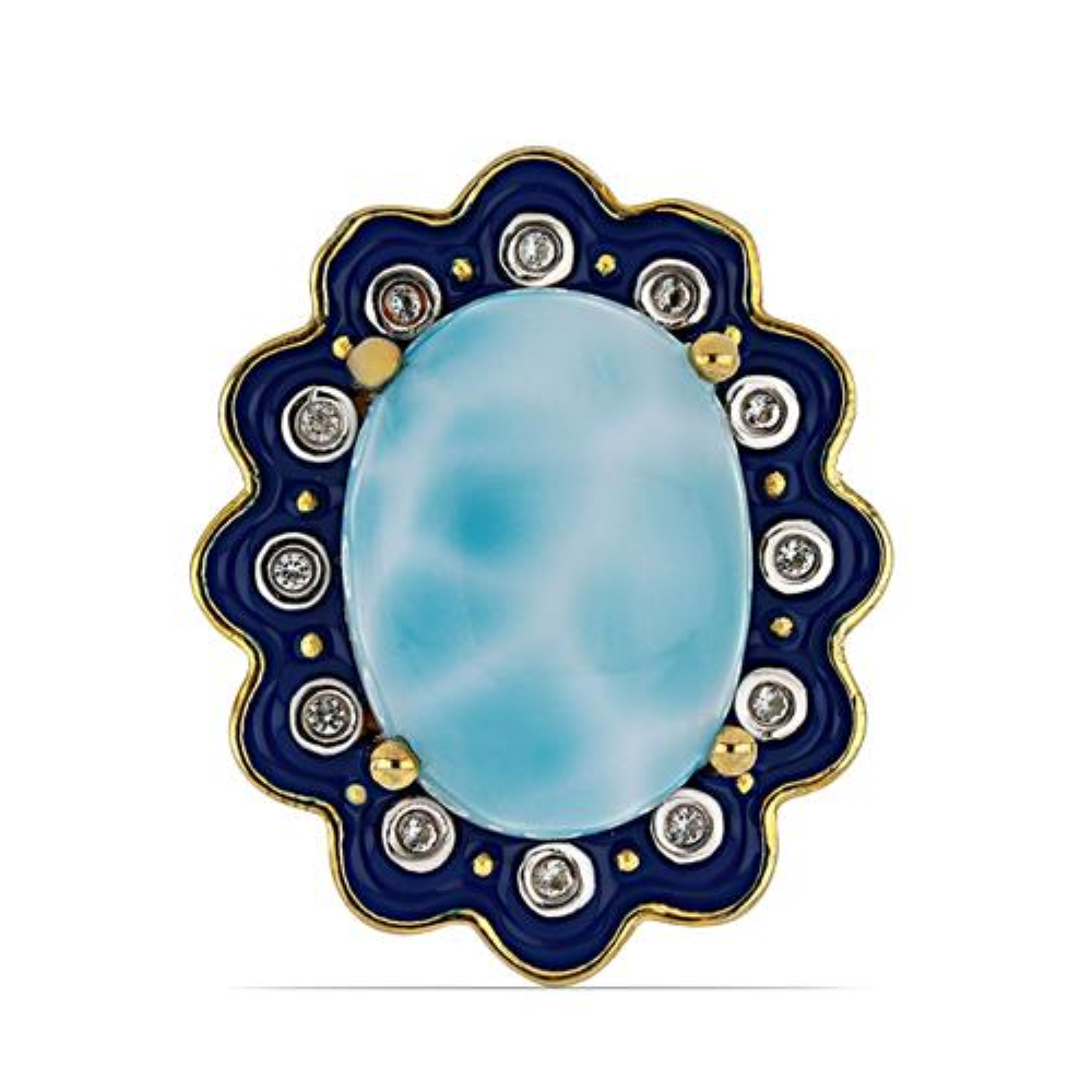 BUY NATURAL LARIMAR WITH WHITE TOPAZ GEMSTONE ENAMEL RING 