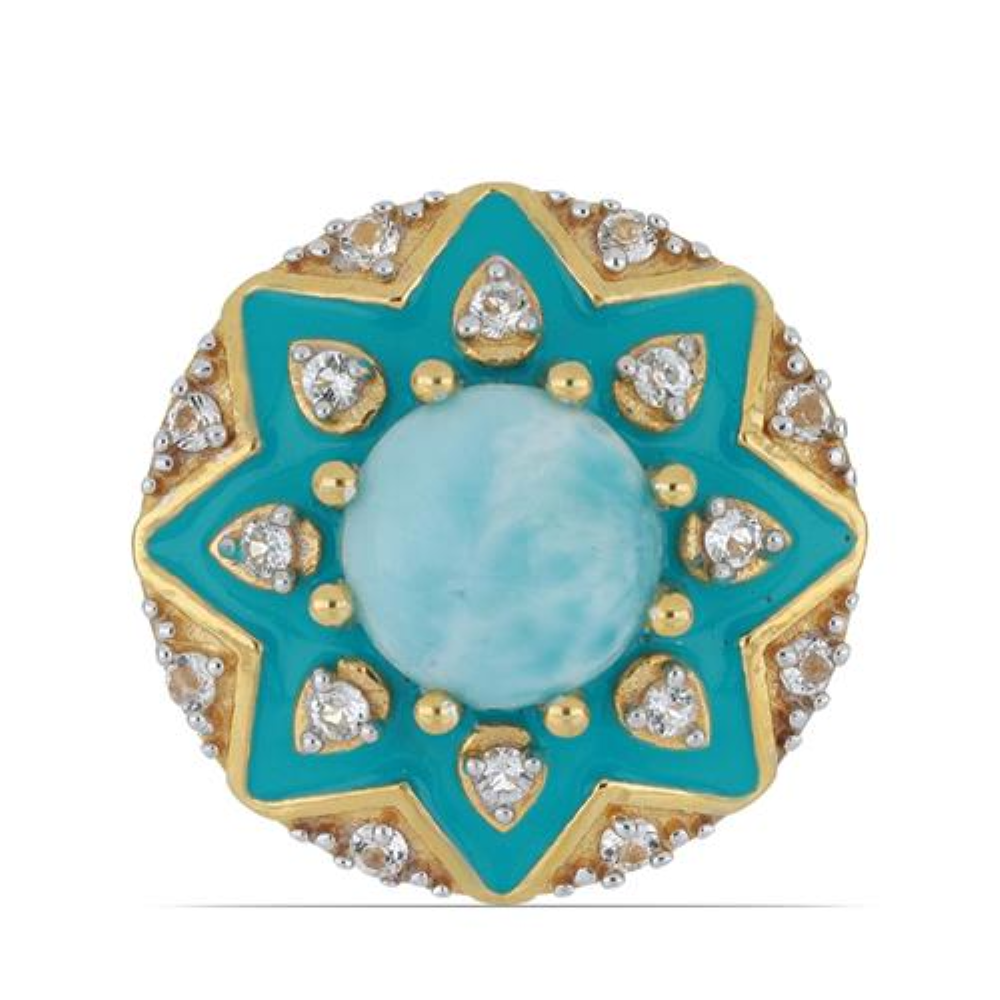 BUY NATURAL LARIMAR WITH WHITE ZIRCON GEMSTONE ENAMEL RING  
