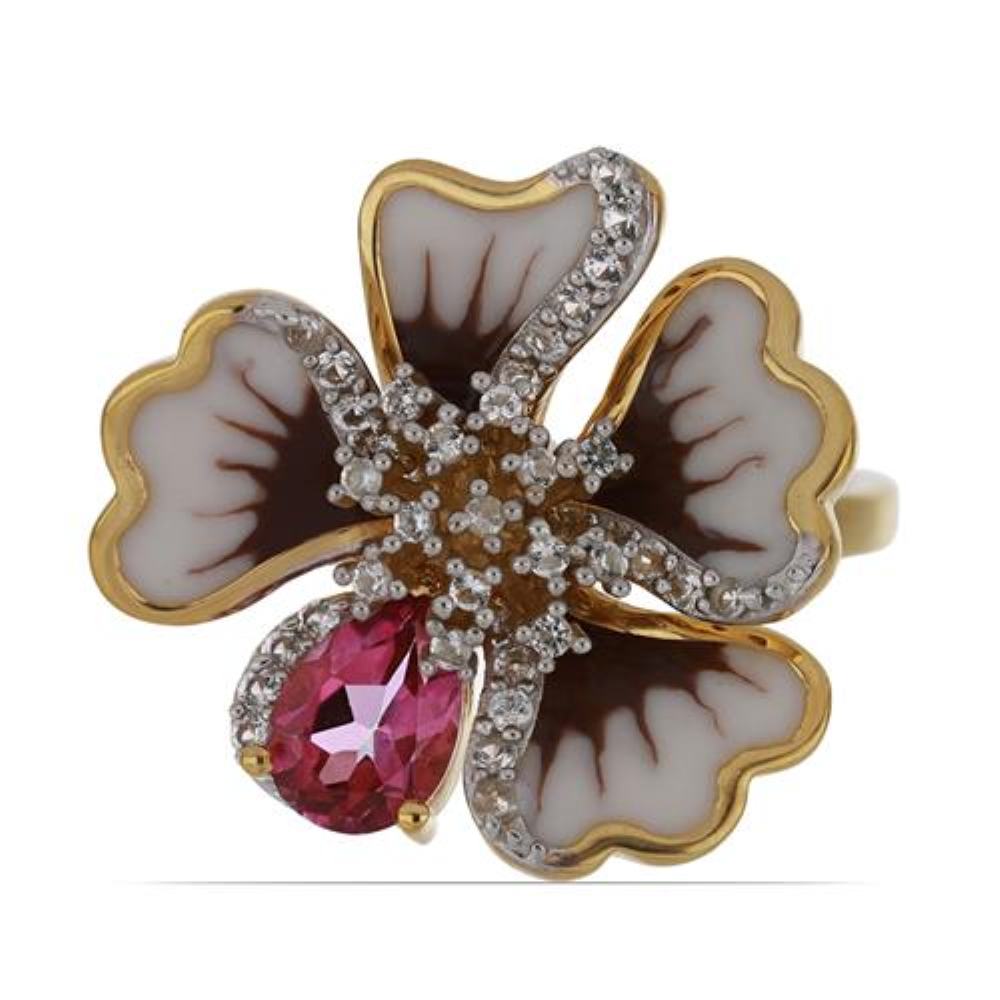 BUY STERLING SILVER NATURAL PINK TOPAZ WITH WHITE ZIRCON GEMSTONE ENAMEL RING