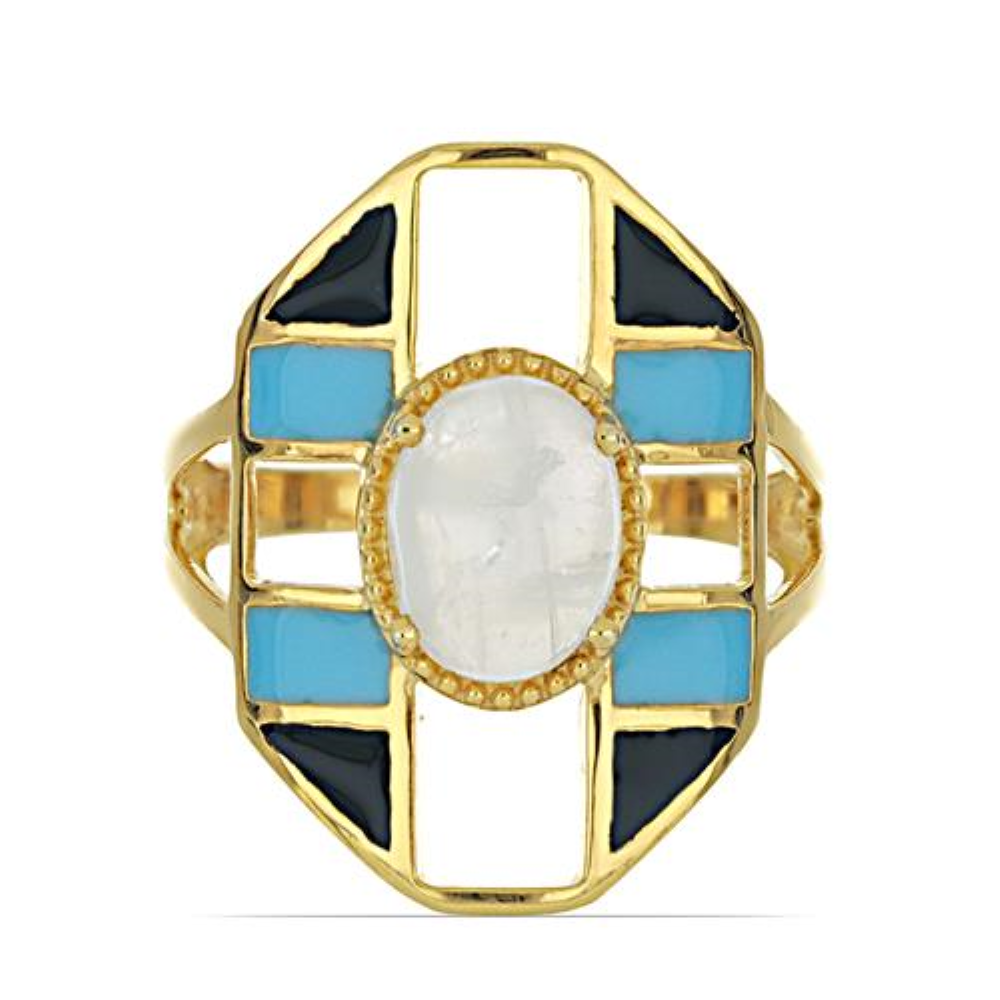 BUY NATURAL RAINBOW MOONSTONE GEMSTONE ENAMEL RING IN 925 SILVER