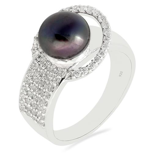 FRESHWATER BLACK PEARL RING WITH ZIRCON 