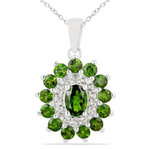 STERLING SILVER NATURAL CHROME DIOPSITE GEMSTONE HALO STYLISH PENDANT