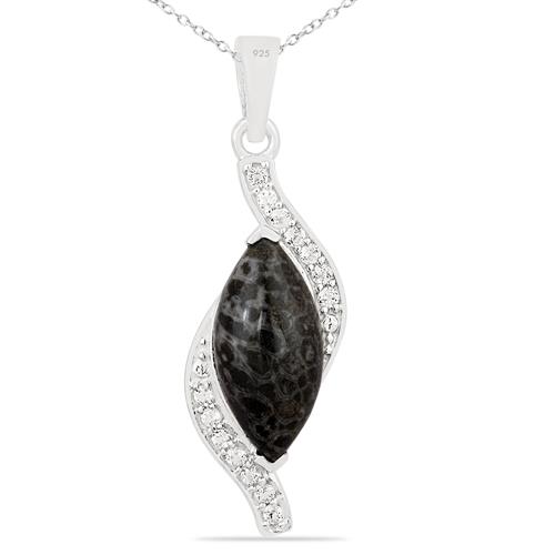 REAL BLACK CORAL GEMSTONE BIG STONE PENDANT IN STERLING SILVER