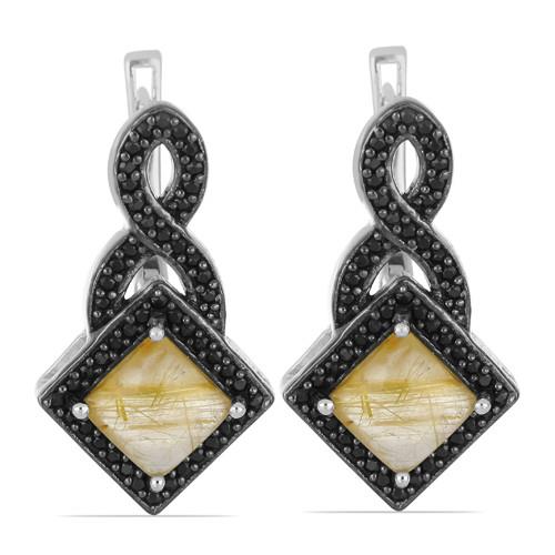 5.00 CT GOLDEN RUTILE SILVER EARRING WITH BLACK RHODIUM PRONG #VE031715 