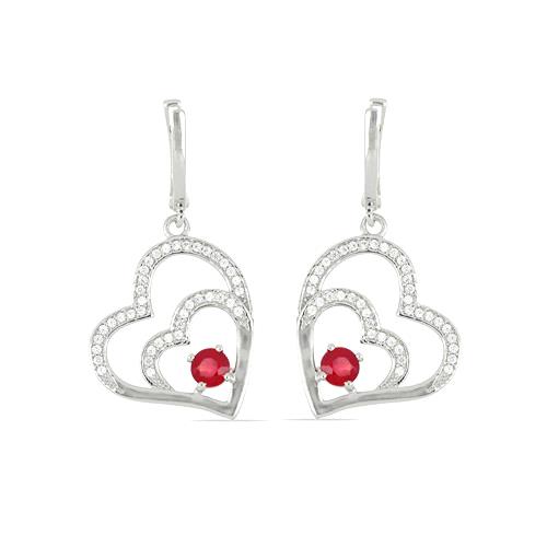 GENUINE GLASS FILLED RUBY GEMSTONE HEART EARRINGS IN STERLING SILVER