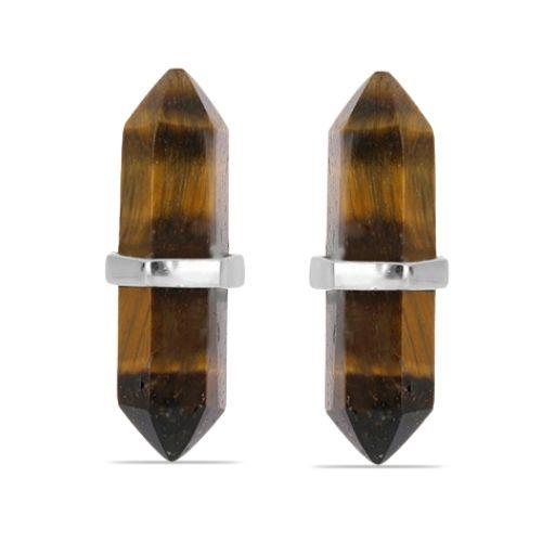 GENUINE TIGER EYE SINGLE STONE EARRINGS IN STERLING SILVER