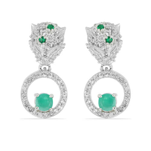 BUY 925 SILVER NATURAL EMERALD & WHITE ZIRCON GEMSTONE PANTHER EARRING 