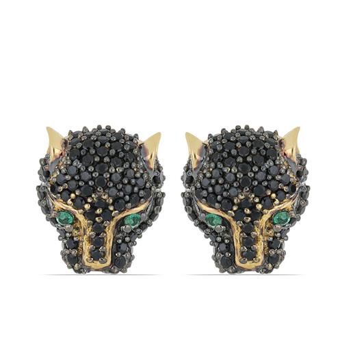 BUY REAL EMERALD & BLACK SPINEL GEMSTONE PANTHER EARRING IN 925 SILVER 