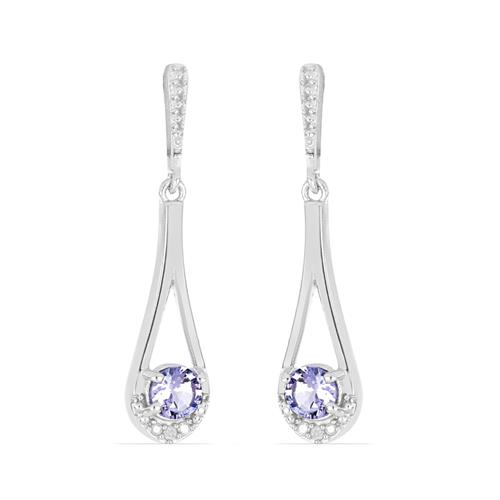 BUY NATURAL TANZANITE WITH WHITE ZIRCON GEMSTONE EARRINGS IN STERLING SILVER