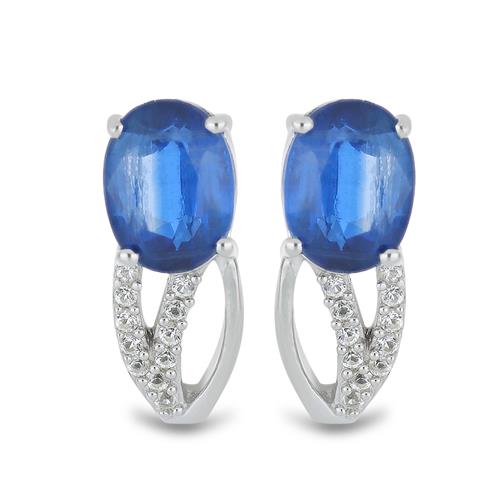 BUY NATURAL BLUE KYANITE WITH WHITE ZIRCON GEMSTONE CLASSIC EARRINGS IN 925 SILVER