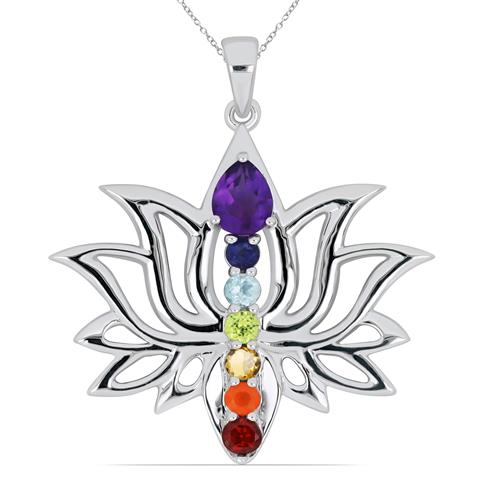 BUY STERLING SILVER NATURAL CHAKRA STONES LOTUS DESIGN PENDANT