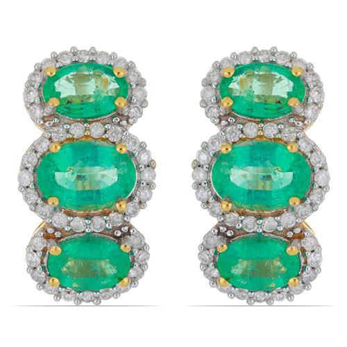 BUY 14K GOLD NATURAL DIAMOND DOUBLE CUT WITH ZAMBIAN EMERALD GEMSTONE EARRINGS