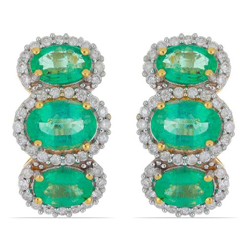 BUY 14K GOLD NATURAL DIAMOND DOUBLE CUT WITH ZAMBIAN EMERALD GEMSTONE EARRINGS