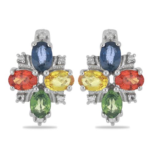 BUY STERLING SILVER NATURAL MULTI SAPPHIRE WITH WHITE TOPAZ GEMSTONE EARRINGS