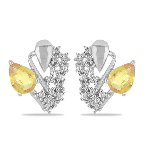 BUY STERLING SILVER NATURAL YELLOW SAPPHIRE WITH WHITE ZIRCON GEMSTONE EARRINGS 
