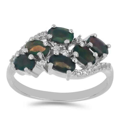 BUY STERLING SILVER NATURAL BLACK ETHIOPIAN OPAL WITH WHITE ZIRCON GEMSTONE RING