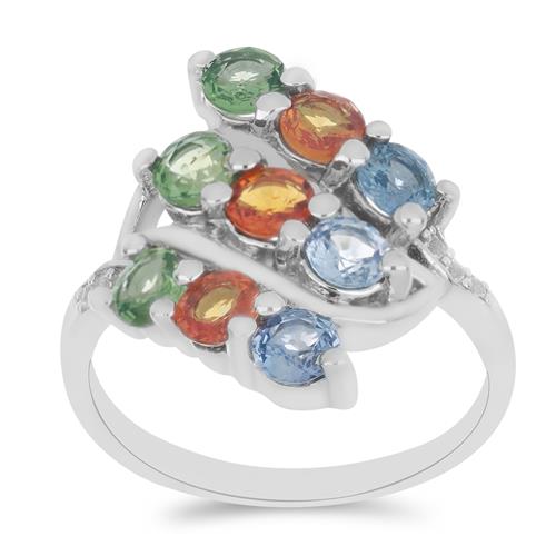 BUY 925 SILVER NATURAL MULTI SAPPHIRE WITH WHITE ZIRCON GEMSTONE RING 