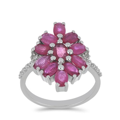 BUY GLASS FILLED RUBY WITH WHITE ZIRCON GEMSTONE CLUSTER RING IN 925 SILVER