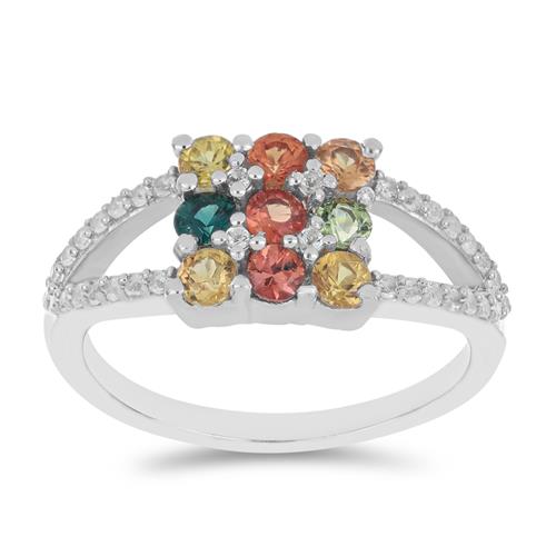 BUY NATURAL MULTI SAPPHIRE WITH WHITE ZIRCON GEMSTONE RING IN 925 SILVER 