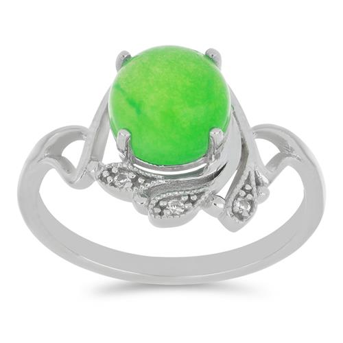 BUY STERLING SILVER NATURAL GREEN JADE WITH WHITE ZIRCON GEMSTONE RING