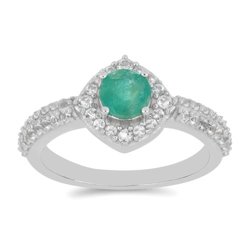 BUY STERLING SILVER NATURAL EMERALD WITH WHITE ZIRCON GEMSTONE CLASSIC RING