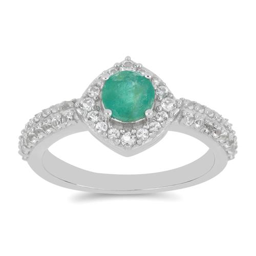 BUY STERLING SILVER NATURAL EMERALD WITH WHITE ZIRCON GEMSTONE RING