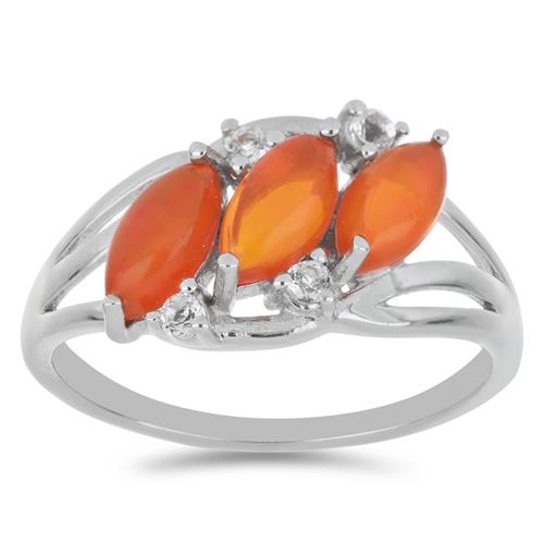 BUY ORANGE ETHIOPIAN OPAL WITH WHITE ZIRCON GEMSTONE RING IN 925 SILVER