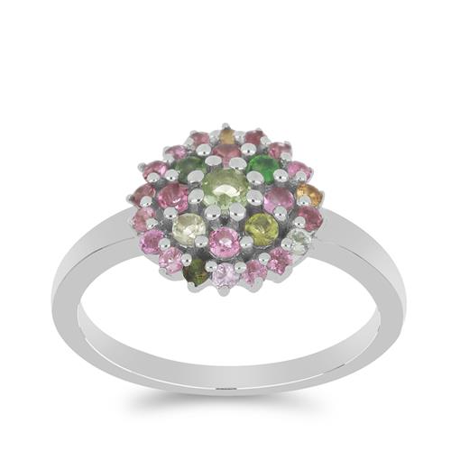 BUY 925 SILVER NATURAL MULTI TOURMALINE WITH WHITE ZIRCON GEMSTONE RING