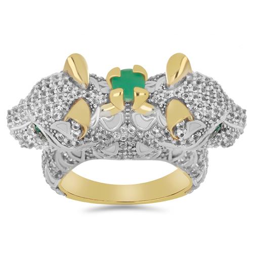 BUY 925 SILVER NATURAL EMERALD WITH WHITE ZIRCON GEMSTONE PANTHER ENAMEL RING 