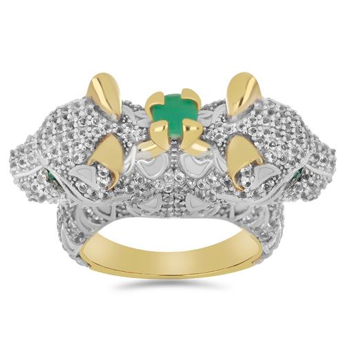 BUY 925 SILVER NATURAL EMERALD WITH WHITE ZIRCON GEMSTONE PANTHER ENAMEL RING