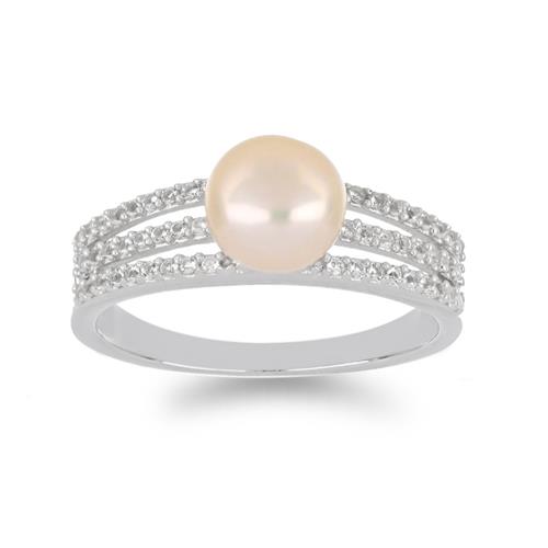 BUY STERLING SILVER NATURAL WHITE FRESHWATER PEARL WITH WHITE ZIRCON GEMSTONE RING