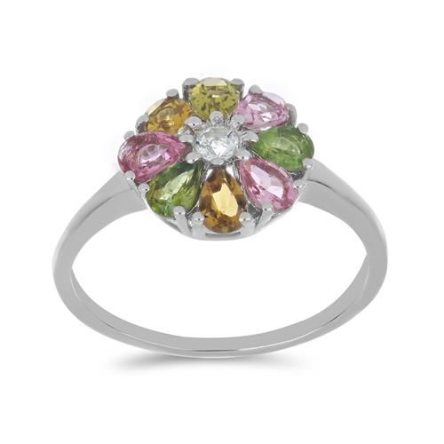 BUY NATURAL MULTI TOURMALINE WITH WHITE ZIRCON GEMSTONE RING IN 925 SILVER