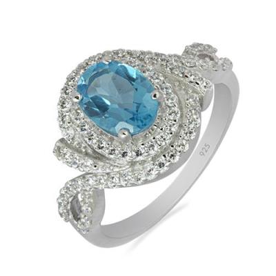 BUY NATURAL SWISS BLUE TOPAZ GEMSTONE HALO RING IN STERLING SILVER