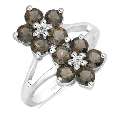 BUY 925 SILVER NATURAL SMOKY GEMSTONE FLORAL RING