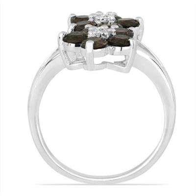 BUY 925 SILVER NATURAL SMOKY GEMSTONE FLORAL RING