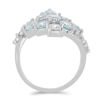 BUY STERLING SILVER NATURAL AQUAMARINE WITH WHITE ZIRCON  GEMSTONE RING 
