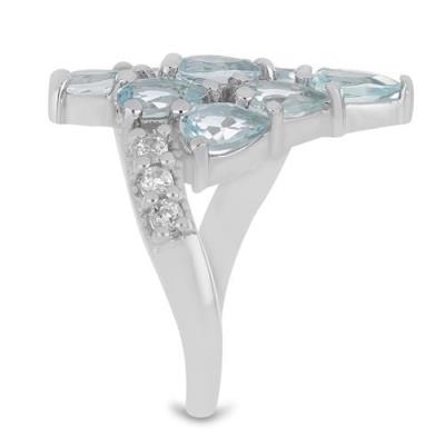 BUY STERLING SILVER NATURAL AQUAMARINE WITH WHITE ZIRCON  GEMSTONE RING 